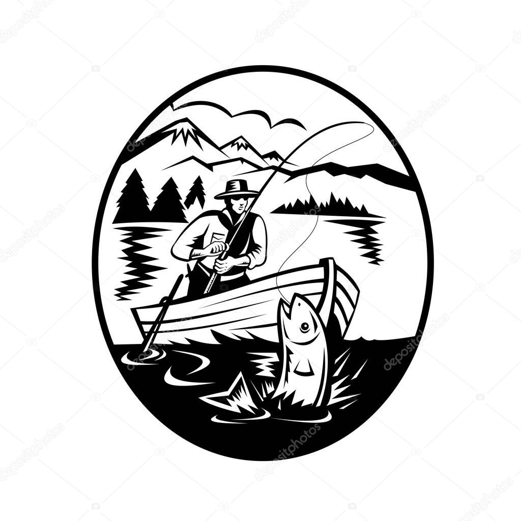 Retro black and white style illustration of a trout fisherman on boat fishing in lake with rod and reel hooking catching salmon fish with mountains in background on isolated background.