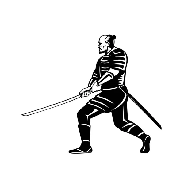 Retro Black White Style Illustration Samurai Warrior Katana Sword Fighting — Stock Vector