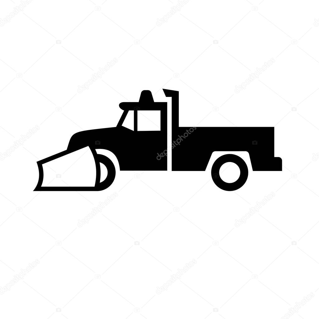 Retro black and white icon sign style illustration of a snow removal equipment or snow plow pick-up truck viewed from side on isolated white background.