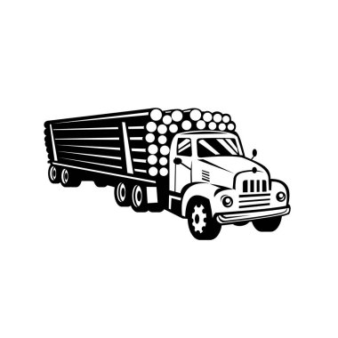 Retro woodcut black and white style illustration of a vintage classic logging truck, log truck, log hauler or timber lorry, a large truck carrying logs viewed from side on isolated background. clipart
