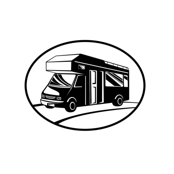 Retro Woodcut Black White Style Illustration Campervan Motorhome Viewed Side — Stock Vector