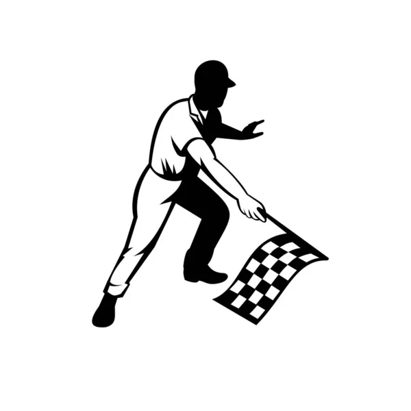 Retro Woodcut Black White Style Illustration Flagman Race Official Waving — Stock Vector