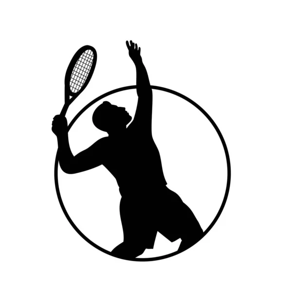 Schwarz Weiße Illustration Retro Stil Einer Silhouette Eines Männlichen Tennisspielers — Stockvektor
