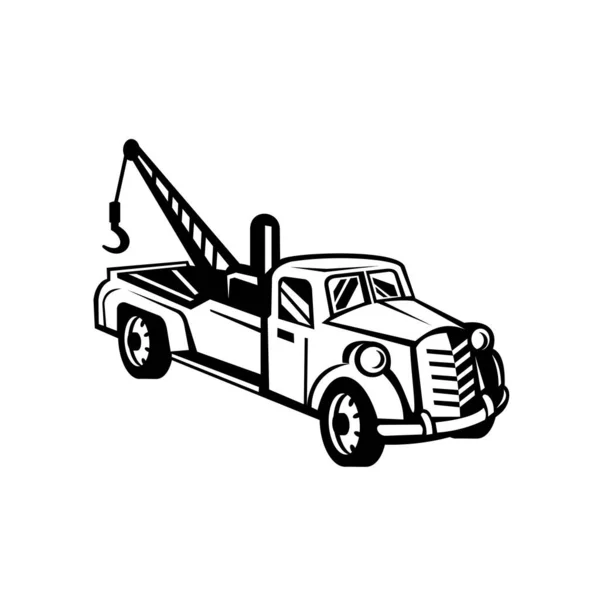Fekete Fehér Illusztráció Egy Vintage Vontató Vagy Roncsszedő Teherautó Pickup — Stock Vector