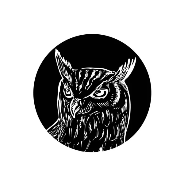 Illustration Style Boisé Rétro Tête Grand Hibou Cornu Vue Face — Image vectorielle