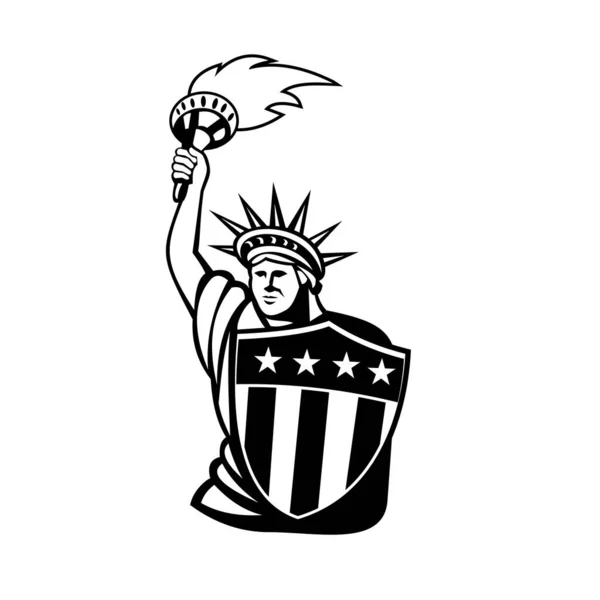 Mascotte Illustration Lady Liberty Avec Torche Flamboyante Bouclier États Unis — Image vectorielle