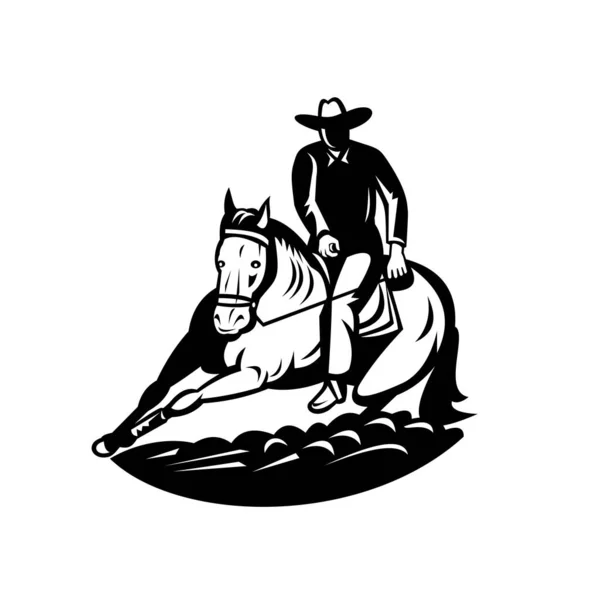 プロのロデオ切断馬の競争のレトロなスタイルのイラスト 馬とライダーが黒と白で行われた孤立した背景で一緒に動作する西洋スタイルの馬術競技 — ストックベクタ