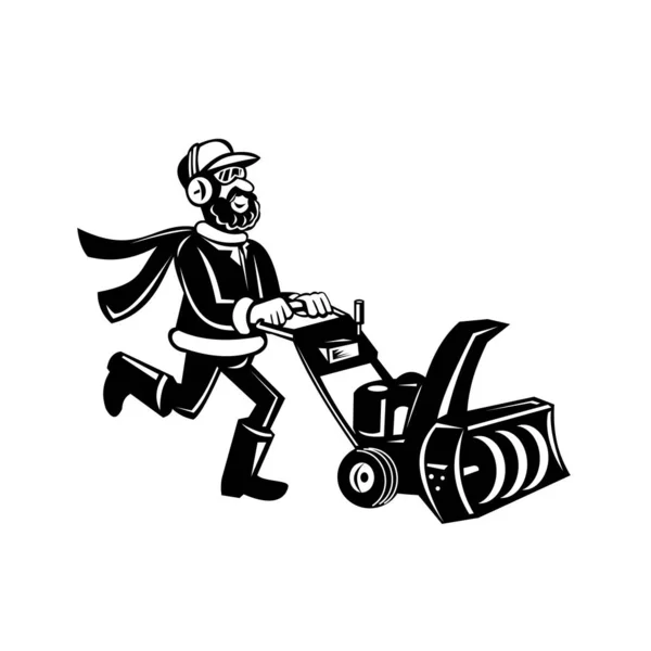 Illustration Noir Blanc Rétro Homme Poussant Une Souffleuse Neige Lance — Image vectorielle