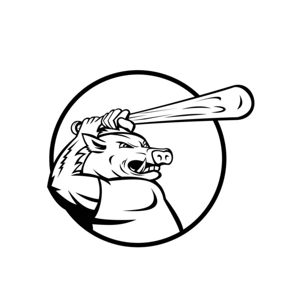Yaban Domuzu Yaban Domuzu Beysbol Sopasıyla Domuz Oyuncusunun Maskotu Çizimi — Stok Vektör