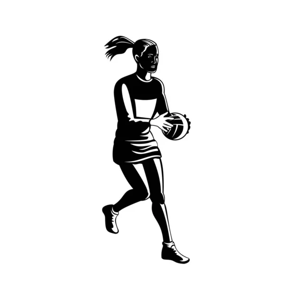 Retro Black White Illustration Netball Player Ball Catching Passing Viewed — Stock Vector