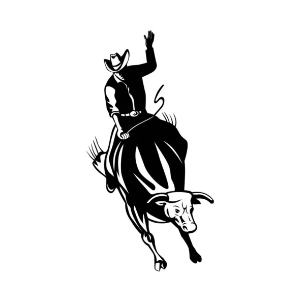 Stile Retrò Illustrazione Bianco Nero Rodeo Cowboy Cavaliere Toro Cavalcando — Vettoriale Stock
