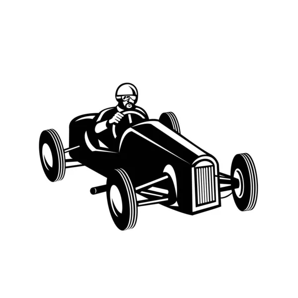 复古风格的图例 一位赛车手驾驶老式跑车 在孤立的白人背景下 从较高的角度观看黑白风格 — 图库矢量图片