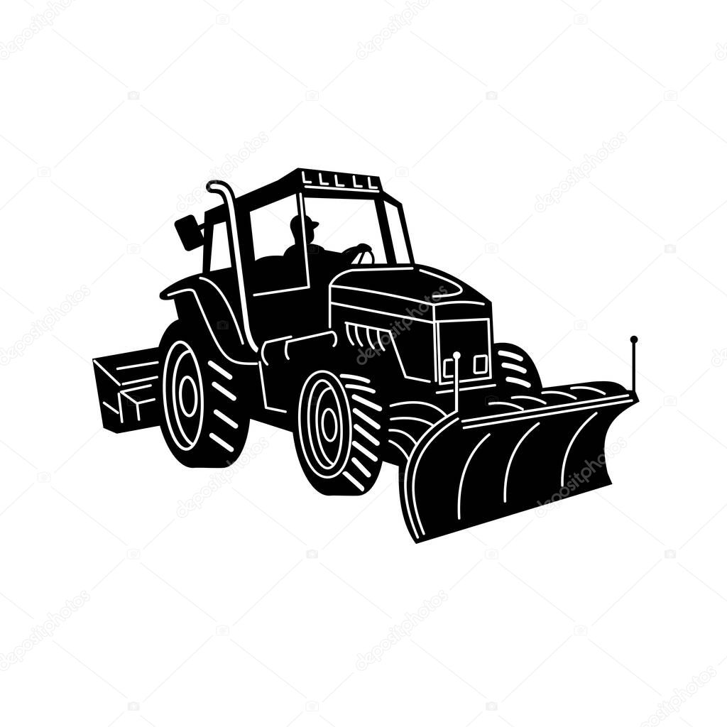 Retro black and white illustration of a snow plow tractor, snow removal machine equipment or snow plow truck viewed from side on isolated white background.