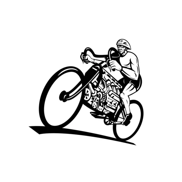 Retro Stílusú Illusztráció Egy Kerékpáros Lovaglás Egy Közúti Kerékpár Kerékpár — Stock Vector