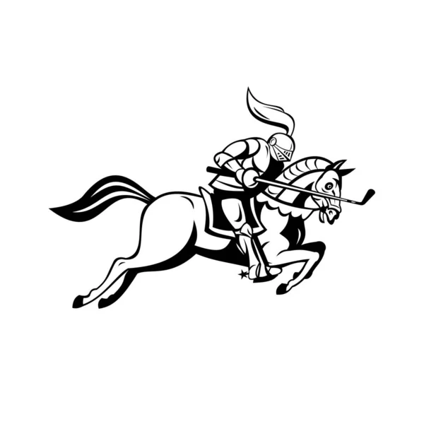 Карикатурная Иллюстрация Английского Рыцаря Полной Броне Лошади Коне Вооруженного Клюшкой — стоковый вектор