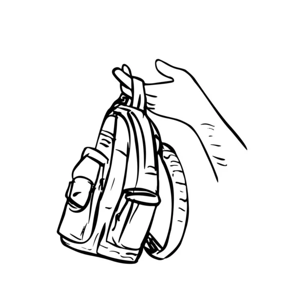 Scratchboard Stylu Ilustracja Gospodarstwa Strony Rozdając Plecak Plecak Torba Lub — Wektor stockowy