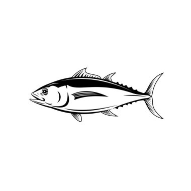 Retro style illustration of an albacore Thunnus alalunga or longfin tuna, a fish species of tuna of the order Perciformes, viewed from side on isolated background in black and white. clipart