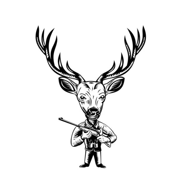 Retro Woodcut Style Illustration Stag Buck Deer Hunter Hunting Rifle — Stock Vector