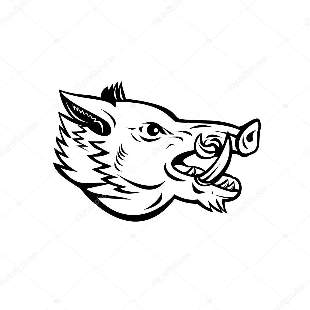 Mascot illustration of head of a wild boar, Sus scrofa, wild swine, common wild pig, a suid native to much of the Palearctic viewed from side on isolated background in retro black and white style.