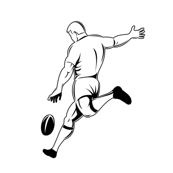 Retro Woodcut Ilustração Estilo Jogador Rugby Pontapé Queda Chutando Bola — Vetor de Stock