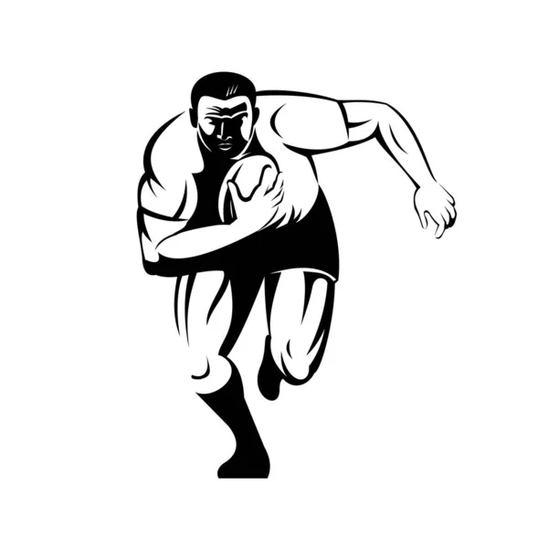黒と白で行われた隔離された背景に正面から見たボールで走るラグビー選手のレトロな木版画スタイルのイラスト — ストックベクタ