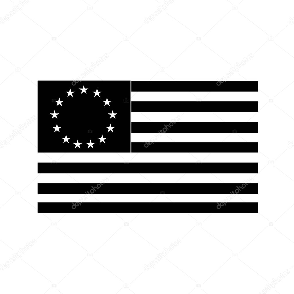 Black and white illustration of a the Betsy Ross flag, an early design of United States flag with 13 alternating red-and-white stripes with stars in upper left corner canton on isolated background.