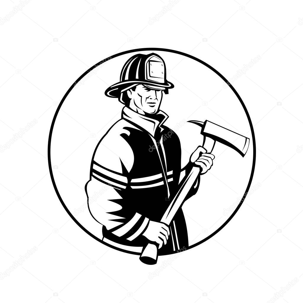 Mascot illustration of an American fireman or firefighter holding fire ax set inside circle viewed from front on isolated background in retro black and white style.