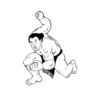 Ukiyo-e ya da Ukiyo stili resmedilmiş profesyonel sumo güreşçisi ya da rikishi dövüş duruşu ön planda siyah beyaz olarak izole edilmiş..