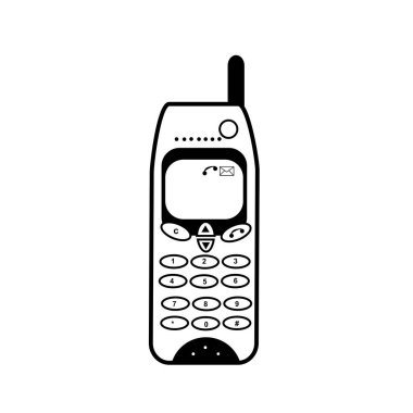 Önden izole edilmiş arka planda siyah-beyaz olarak gösterilen eski klasik bir klasik cep telefonu veya cep telefonunun Retro biçimi çizimi.