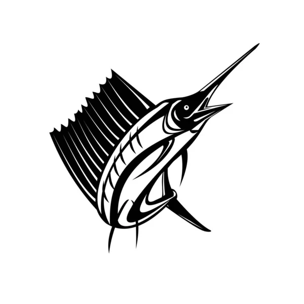 Retro Träsnitt Stil Illustration Atlantisk Segelfisk Eller Indo Pacific Segelfisk — Stock vektor