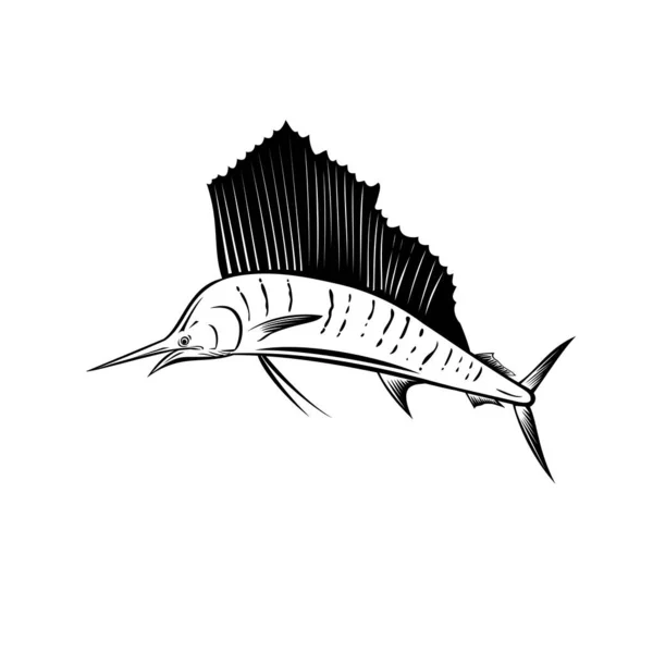 Illustration Rétro Style Gravé Sur Bois Voilier Indo Pacifique Poisson — Image vectorielle