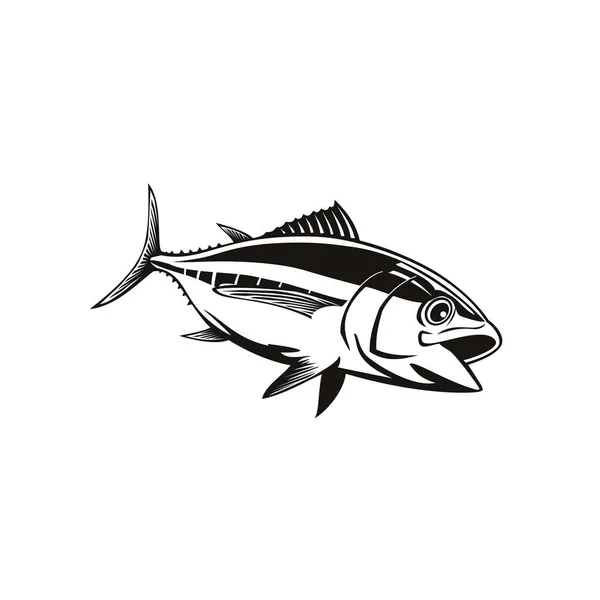 复古风格的图例是一种大眼金枪鱼 它是金丝雀属的真金枪鱼 在黑白隔离的背景下游动 属于鲭鱼科 — 图库矢量图片