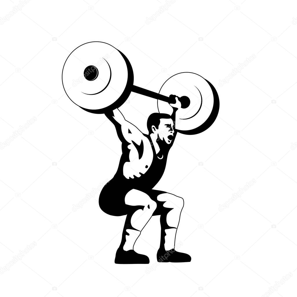 Retro woodcut style illustration of a weightlifter lifting barbell viewed from side on isolated background done in black and white.