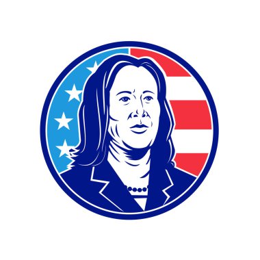 14 Ağustos 2020, AUCKLAND, NEW ZEALAND: Amerikan senatörü Kamala Devi Harris 'in geçmişe dönük illüstrasyonu, Demokrat Parti başkan yardımcısı adayı ABD bayrağı siyah-beyaz daire şeklinde.