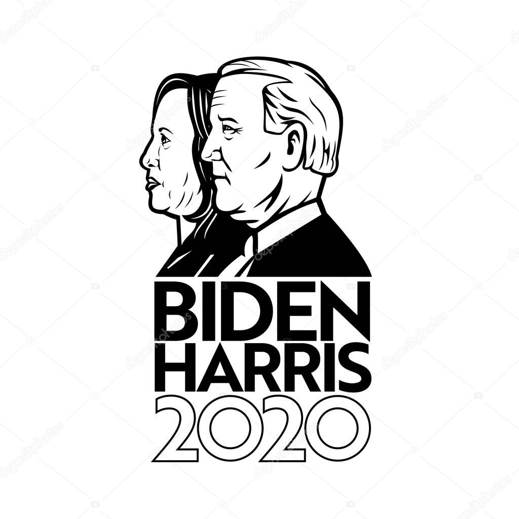 Aug 14, 2020, AUCKLAND, NEW ZEALAND: Illustration of American president and vice president candidate for US election Democrat Joe Biden and Kamala Harris with words Biden Harris 2020 in retro style.