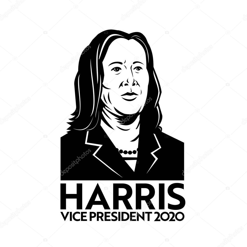 Aug 14, 2020, AUCKLAND, NEW ZEALAND: Retro style illustration of American senator Kamala Devi Harris, a Democratic Party vice president nominee or candidate viewed from front in black and white style.