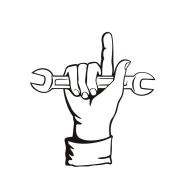 İşaret parmağı ya da işaret parmağıyla anahtarı tutan mekanik elin izole edilmiş arkaplan üzerinde siyah ve beyaz olarak gösterilen geri dönüş stili çizimi.