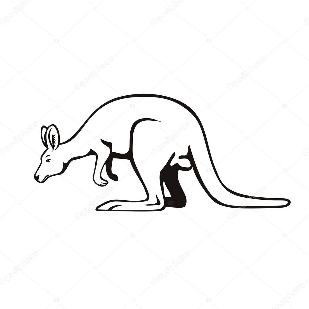 Retro woodcut style illustration of a kangaroo or wallaby, a large, small or middle-sized macropod native to Australia and New Guinea, viewed from side on isolated background done in black and white.