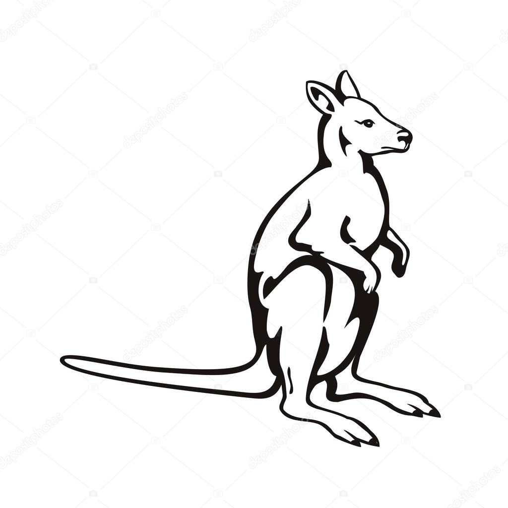 Retro woodcut style illustration of a kangaroo or wallaby, a small or middle-sized macropod native to Australia and New Guinea, viewed from side on isolated background done in black and white.