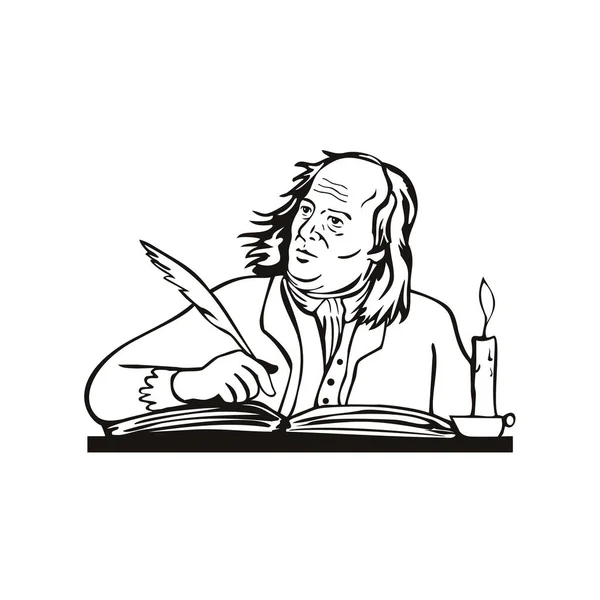 アメリカの数学者でアメリカ合衆国建国の父の一人であるベンジャミン フランクリンが 白黒で描かれた隔絶された背景の上にクィルを書いた作家として レトロな作風で描かれている — ストックベクタ