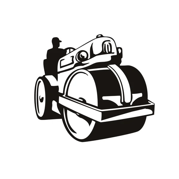 复古压路机 压路机或蒸汽压路机的复古木刻图例 压路机型工程车 在黑白隔离背景下用于道路施工 — 图库矢量图片