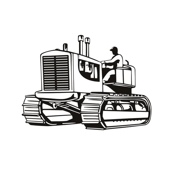 Retro Woodcut Stylu Ilustracja Rocznika Duży Ciężki Ciągnik Lub Gąsienicowy — Wektor stockowy