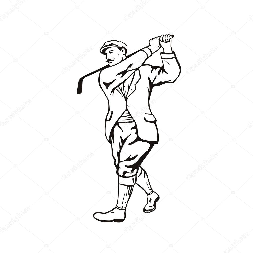 Stencil illustration of a vintage golfer with golf club golfing or teeing off wearing cheese cutter hat or  newsboy cap viewed from front on isolated background done in black and white retro style.