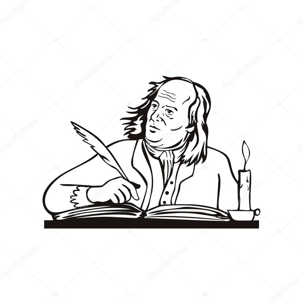 Retro style illustration of Benjamin Franklin, an American polymath and one of the Founding Fathers of the United States, as a writer writing with quill on isolated background done in black and white.