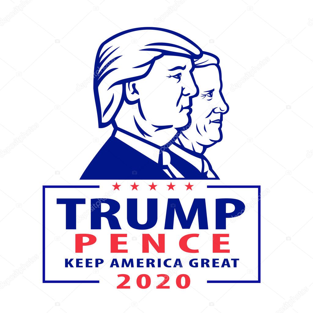 Aug 18, 2020, AUCKLAND, NEW ZEALAND: Illustration of American president and vice president for US election Republican Donald Trump and Mike Pence with words Trump Pence 2020 Keep America Great.