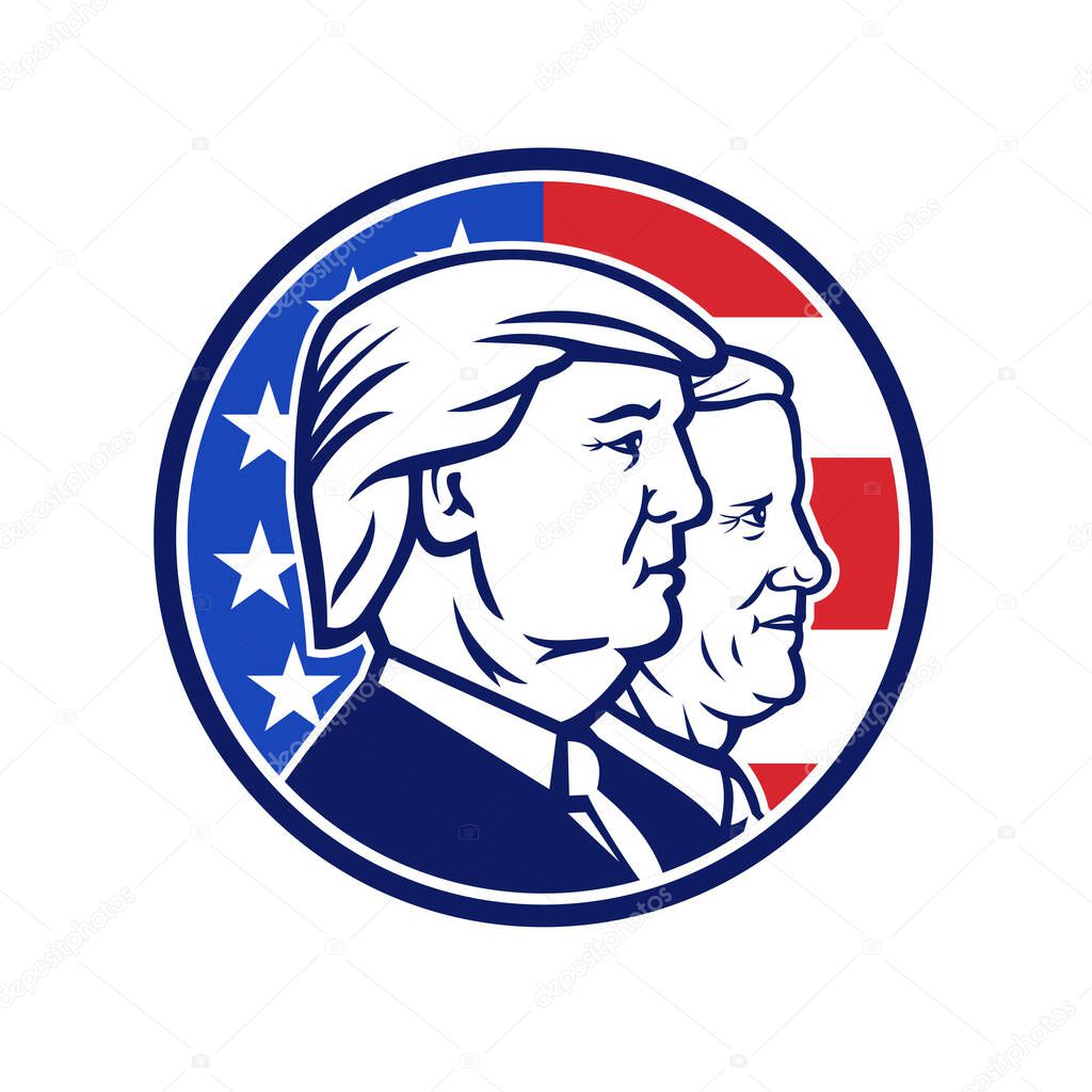Aug 15, 2020, AUCKLAND, NEW ZEALAND: Illustration of American president and vice president for US election Republican Donald Trump and Mike Pence with USA flag set inside circle done in retro style.