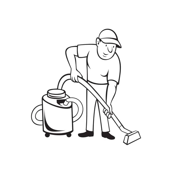 Cartoon Style Illustration Commercial Carpet Cleaner Worker Vacuuming Floor Vacuum — Stock Vector