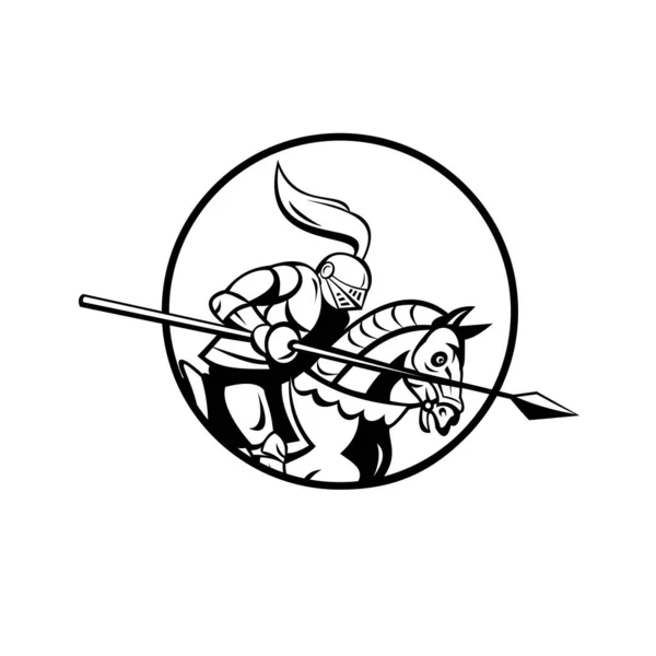 黒と白で行われた孤立した背景に側面から見た円の内側にランス乗馬ステッド付き中世の騎士のレトロなスタイルのイラスト — ストックベクタ