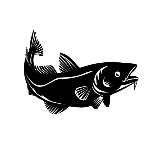 大西洋のタラの木版画風のイラストガドゥス モーフア Gadus Morhua マダラとして商業的に知られるガドゥス科の底生魚で 黒と白の隔絶された背景で泳いでいます — ストックベクタ