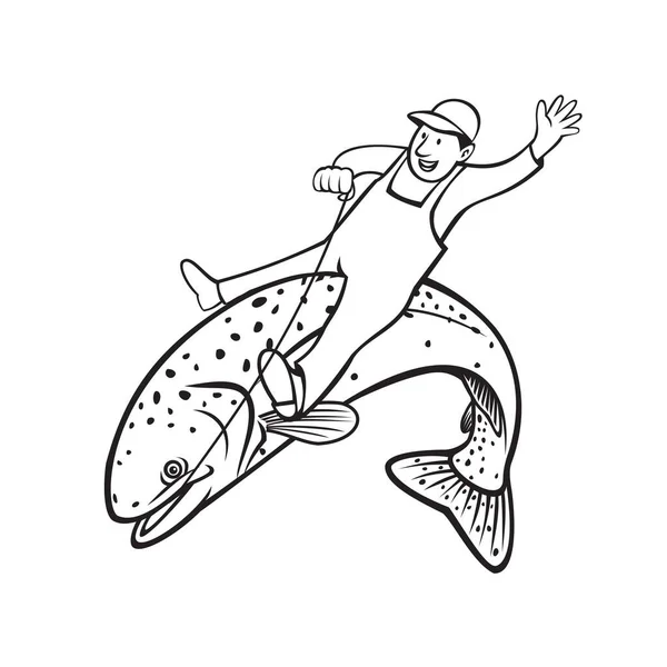 Ilustração Estilo Stencil Retro Pescador Truta Montando Uma Truta Aço —  Vetores de Stock